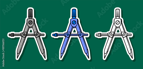 Set of Three Drafting Compasses Cartoon Illustration