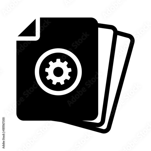 Solid vector icon of files update stack. Documents requiring configuration, settings change, or maintenance. Gear glyph on stacked digital papers for system or customization interface.