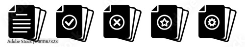 Complete set of solid vector glyph icons for layered document archive status: Blank Files, Verified (Check), Rejected (Cross), Important (Star), and Update/Settings (Gear). Ideal for enterprise and da