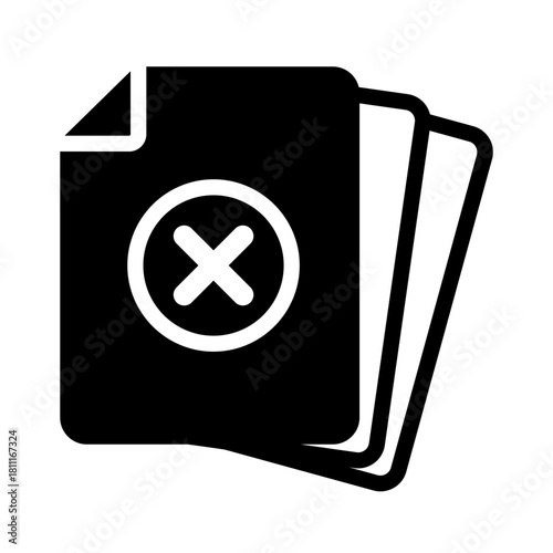 Solid vector icon of wrong files stack. Multiple rejected documents or failed data sets. Cross mark glyph on stacked digital papers for error or cancellation system.