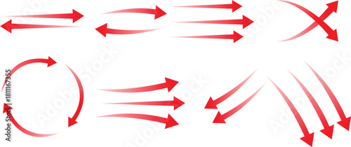 Red gradient arrow set. Collection of curved, circular and straight directional arrows showing motion flow