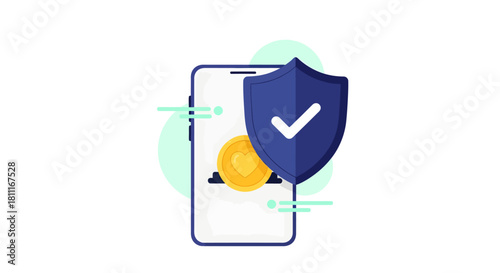 Secure your digital assets with this modern mobile phone concept featuring a protective shield and golden coin for financial safety and trust assurance