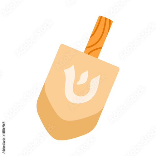 Dreidel spinning top with Hebrew letter. Traditional Hanukkah toy used in Jewish holiday game. Wooden design. Flat vector illustration isolated on white background