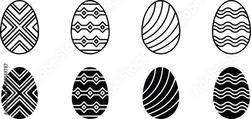 easter egg patterns, simple geometric shapes, minimal design, monochrome, line art, vector illustration