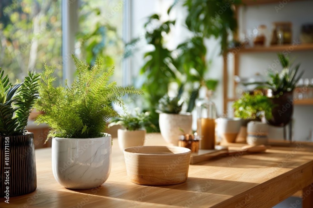 Fototapeta premium Lush indoor plants on sunlit wooden table in bright modern kitchen