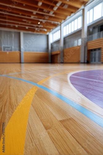 Sunlit indoor basketball court with wooden floor and empty seats