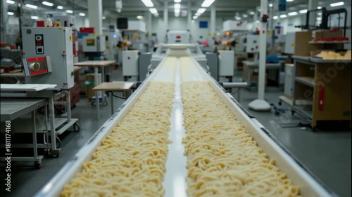 Industrial pasta factory production line noodle conveyor food processing stainless steel machinery with fluorescent light depth of field, modern clean plant manufacturing process mass uncooked dough