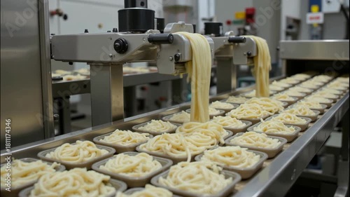 Industrial pasta food factory conveyor belt production line noodle automation stainless steel mass manufacturing machinery with filled trays fresh pasta modern workflow hygiene kitchen assembly line