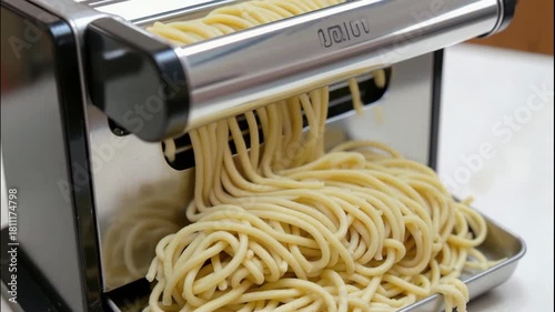 Fresh pasta noodle dough homemade kitchen metal machine roller cutter cooking with joy flows as strands fall neatly into tray, showcasing texture and craft cozy home kitchen scene, fresh pasta noodle