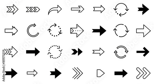 Vector arrow icon set for web design and user interface. Diverse collection of black line art directional symbols for navigation, progress, and graphic elements