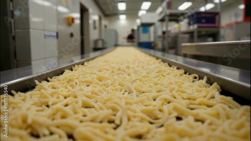 Fresh pasta factory production conveyor noodle food industry processing manufacturing kitchen stainless equipment line dough uncooked bulk texture closeup horizontal indoor, factory food production
