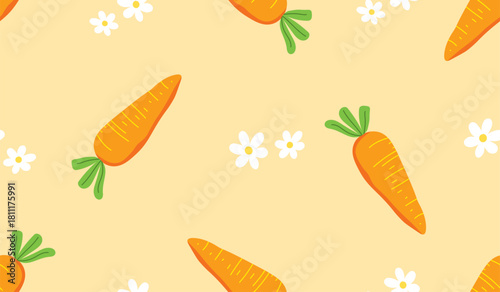 Seamless pattern with carrot, vector illustration of vegetable, healthy vegan food wallpaper