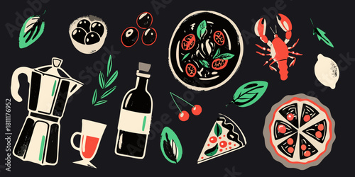 Hand drawn italian food and drink illustration on dark background