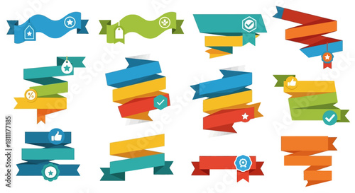 Vector graphic collection of colorful folded ribbon banners and labels for titles, sales, and promotional design elements