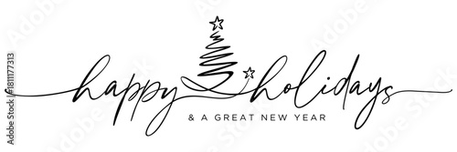 Modern Minimalist Happy Holidays continuous 
line handwritten calligraphy, black with 
Christmas tree for Christmas Holiday New year, 
card, E-mail signature, printable, 
isolated on white background