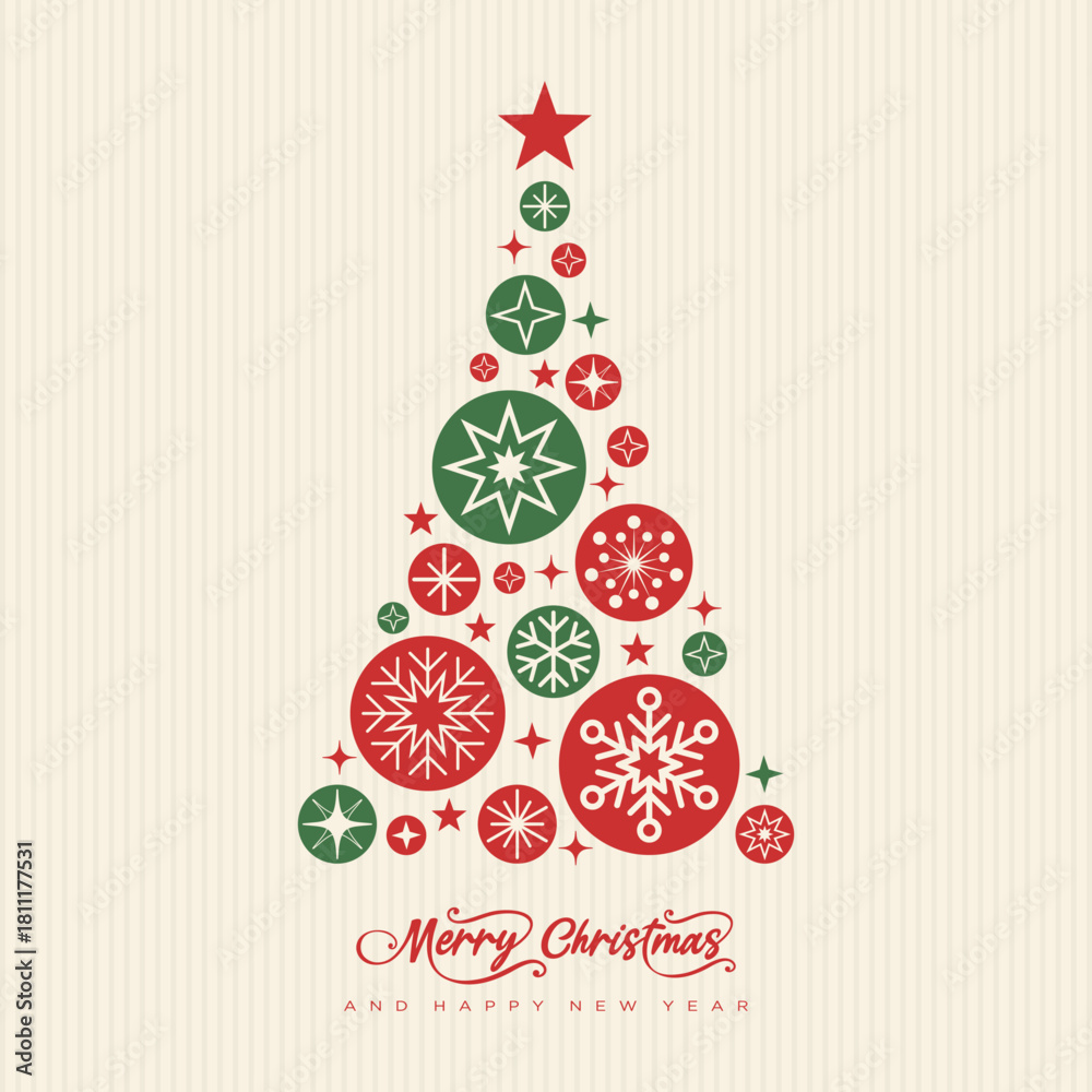 Naklejka premium Professional minimalist elegant Christmas Holiday greeting card template with Xmas tree made of modern geometric snowflakes, festive ornament elements for Business corporates