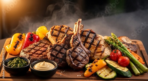 Grilled meat assortment with vegetables on a wooden board, featuring steak, lamb chops, chicken, and asparagus.