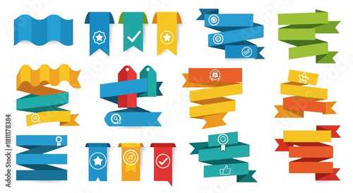 Vibrant collection of modern flat design ribbons, banners, and decorative tags perfect for web elements, product labels, and promotional offers