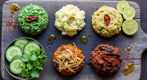 Overhead shot of colourful Indian thali with rice, mashed potatoes, and vegetables on a wooden board.