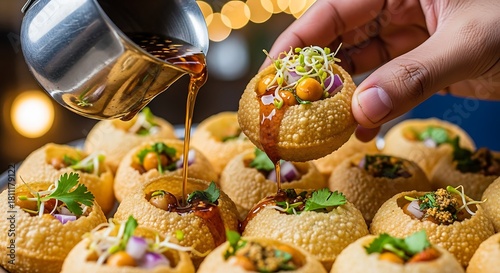 Closeup of a person pouring liquid into a pani puri, a popular street food in India, with bokeh lights.