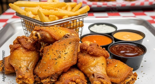 Delicious fried chicken wings served with crispy fries and an assortment of dipping sauces on a white plate.