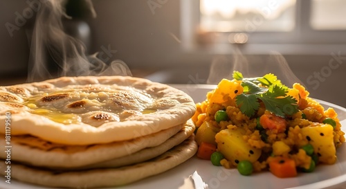 Delicious and freshly prepared Indian thali featuring naan bread and vegetable curry served on a plate.
