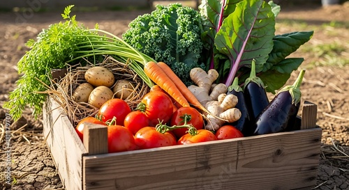 Freshly harvested vegetables in a wooden crate, including tomatoes, potatoes, carrots, eggplant, and leafy greens.