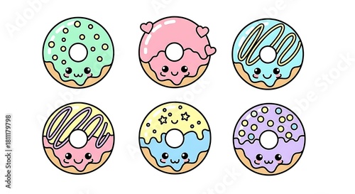 Cute and colourful kawaii donuts with smiling faces isolated on white background sweet dessert with sprinkles.