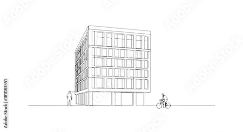 Minimalist architectural illustration of an urban building facade, drawn with a single continuous line for a clean and modern sketch effect
