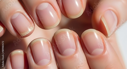 Closeup of healthy human fingernails with natural lunulae.