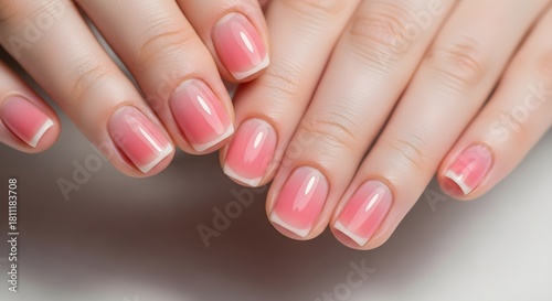 Close up of hands with flawless pink gradient ombre French manicure nails.