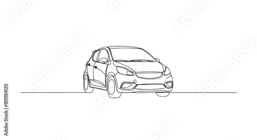 A minimalist single line continuous drawing of a modern hatchback automobile viewed from the front with a clean, sleek design, perfect for automotive industry marketing