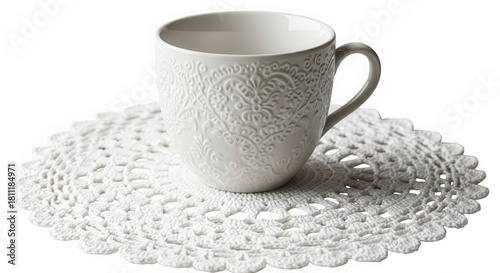 White embossed mug on crocheted doily isolated on transparent background