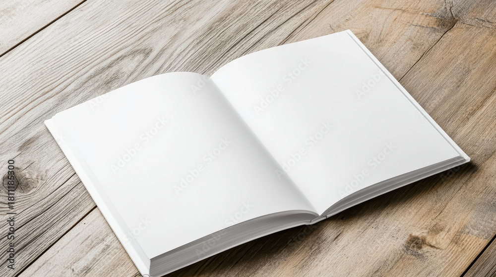 Fototapeta premium Blank hardcover book mockup open on wooden table with soft warm light and calm mood