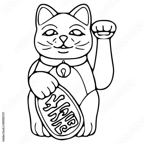 Maneki-Neko lucky cat line art outline vector
