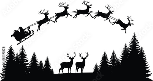 Santa Claus flying sleigh over pine forest with deer silhouette, Christmas winter landscape vector illustration, holiday background