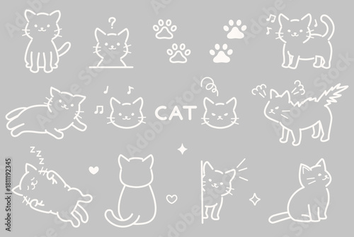 かわいい猫の白い線画イラストセット