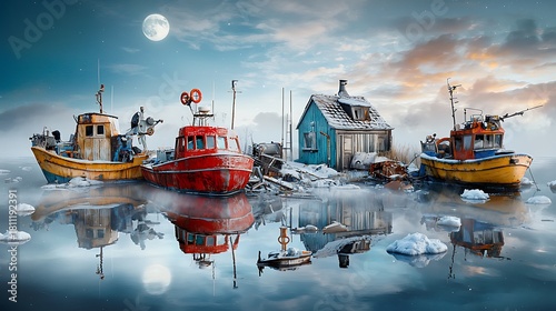 Fishing boats docked in icy waters coastal village digital art serene environment wide angle tranquility