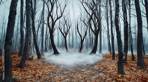 Mysterious foggy forest landscape autumn season nature photography enchanted environment wide angle atmospheric beauty