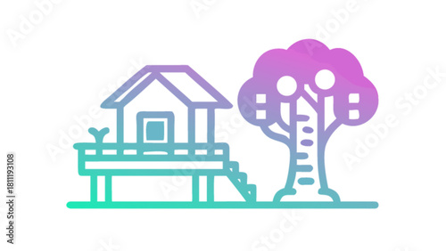 Treehouse icon vector illustration, tree house design, outdoor adventure, nature escape, summer fun, gradient art