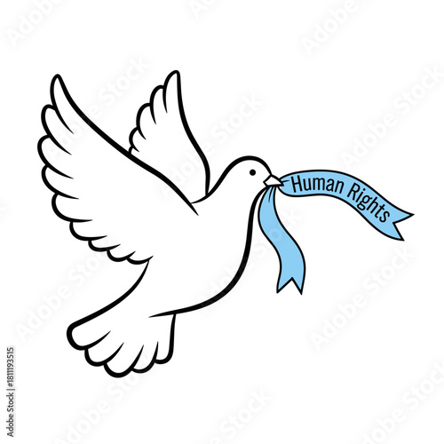 Dove with ribbon promoting human rights, illustrated in simple style with blue and white colors