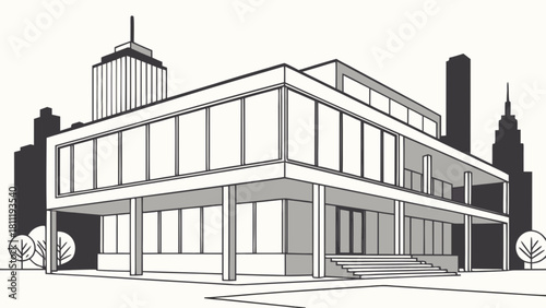 Modern architecture building illustration with cityscape background and minimalist design for architects