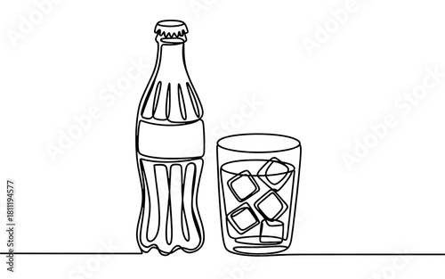 Simple one line drawing of a Coke bottle
and drink glass with ice cubes. Transparent background png file