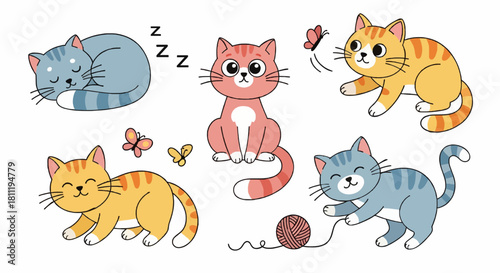 Set of cute cats in flat style, illustrations for kids, vector