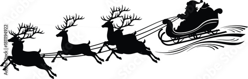 Santa Claus flying sleigh pulled by reindeer silhouette, Christmas vector illustration of holiday delivery, isolated graphic