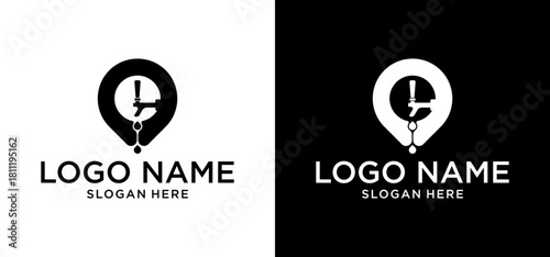 Illustration of a location pin logo combined with a water faucet. Vector template of a water industry location icon.