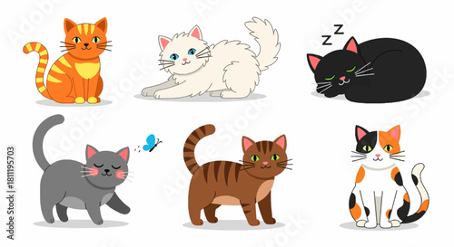 Set of cute cats in flat style, illustrations for kids, vector