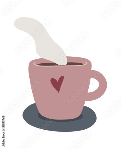 Doodle illustration of a hot drink mug with steam cocoa, coffee, or tea hand drawn in cozy cartoon style. Warm and inviting design element perfect for winter, caf , breakfast, or home comfort themes.