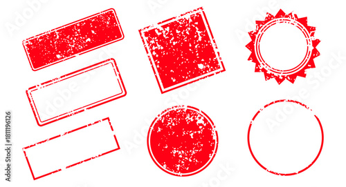 Set of grunge postage stamps in square and rectangular shapes with vintage textures and distressed borders. Perfect for creating retro frames, banners, labels, or logo designs with an authentic worn