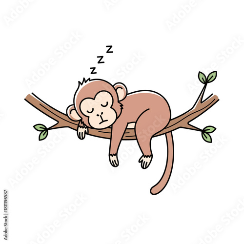Tranquil primate slumbering soundly, perched peacefully upon a sturdy branch among lush leaves